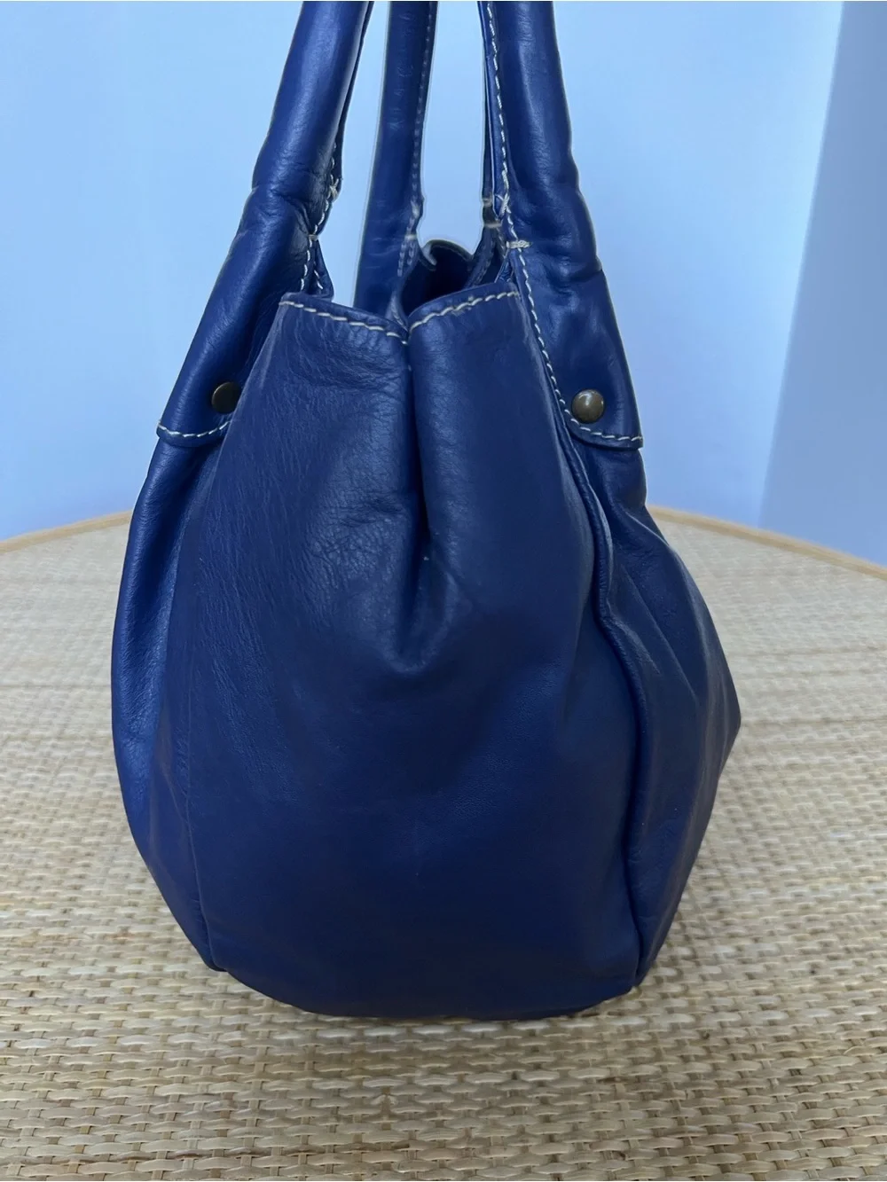 Boden Blue Leather Hobo Slouch Shop Tote Bag 100% Cotton Lining Vintage 90s Y2K
